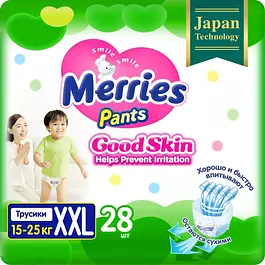 Подгузники-трусики Merries Good Skin, размер XXL, 15-25 кг, 28 шт