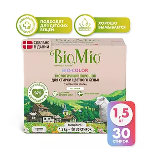 Стиральный порошок автомат BioMio для цветного белья с мерной ложкой, с экстрактом хлопка, концентрат, без запаха, 1.5 кг