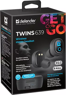 Наушники беспроводные TWS гарнитура Defender Twins 639 черный Bluetooth повербанк 2000 mAh