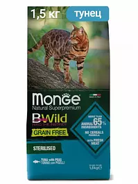 Сухой корм Monge Cat BWild GRAIN FREE для взрослых стерилизованных кошек, беззерновой, тунец, 1500 г.