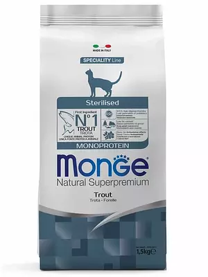 Сухой корм Monge Cat Speciality Line Monoprotein Sterilised для взрослых стерилизованных кошек, форель, 1500 г.