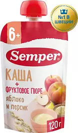 Пюре фруктовое с кашей детское Semper с 6 месяцев, Яблоко, персик и злаки, 120 г