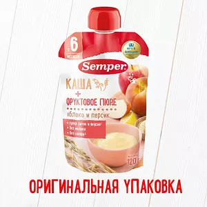 Пюре фруктовое с кашей детское Semper с 6 месяцев, Яблоко, персик и злаки, 120 г