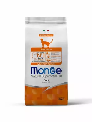 Сухой корм Monge Cat Speciality Line Monoprotein Sterilised для взрослых стерилизованных кошек, утка, 1500 г.