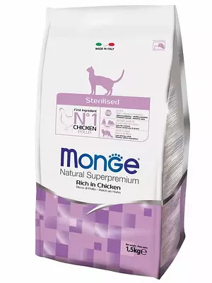 Сухой корм Monge Cat Daily Line Sterilised для взрослых стерилизованных кошек, курица, 1500 г.
