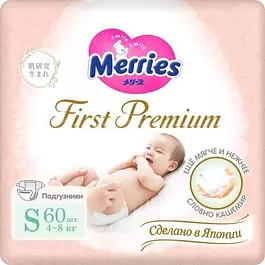 Подгузники Merries First Premium, размер S, 4-8 кг, 60 шт
