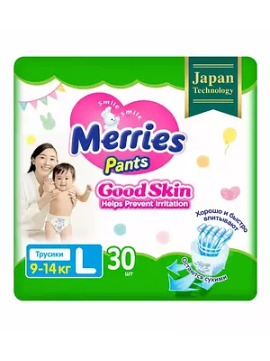 Подгузники-трусики Merries Good Skin, размер L, 9-14 кг, 30 шт