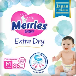 Подгузники Merries Extra Dry, размер M, 6-11 кг, 86 шт